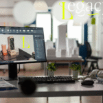 Creative agency workspace with global collaboration tools on screen and branding sketches on desk at Legacy Creative Studio
