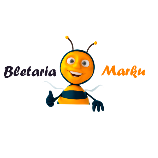 Friendly cartoon bee logo for Bletaria Marku, an Albanian organic honey and beekeeping brand