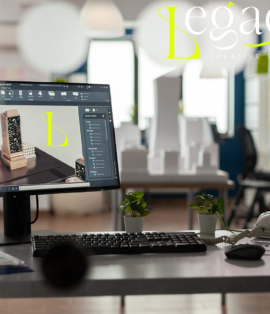 Creative agency workspace with global collaboration tools on screen and branding sketches on desk at Legacy Creative Studio
