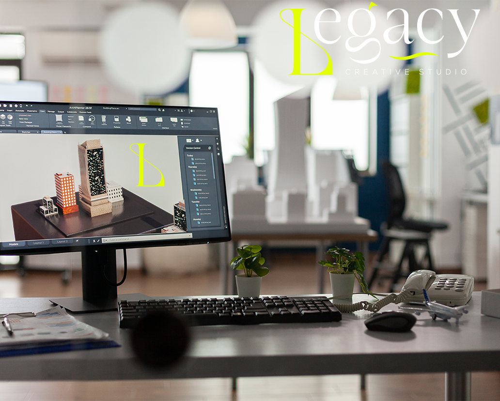 Creative agency workspace with global collaboration tools on screen and branding sketches on desk at Legacy Creative Studio