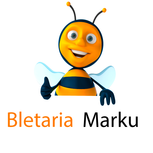 Friendly cartoon bee logo for Bletaria Marku, an Albanian organic honey and beekeeping brand